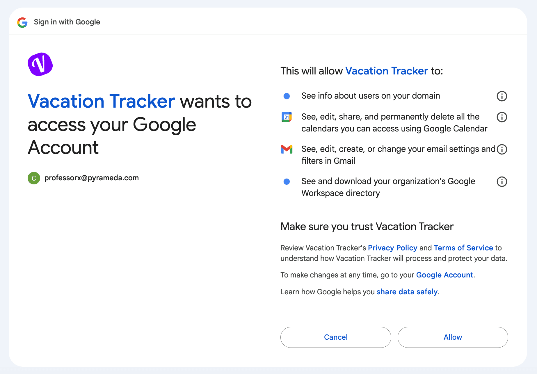 Google permissions consent screen showing the scopes Vacation Tracker is requesting (manage your basic settings, send emails on your behalf, etc.) with Allow / Deny buttons
