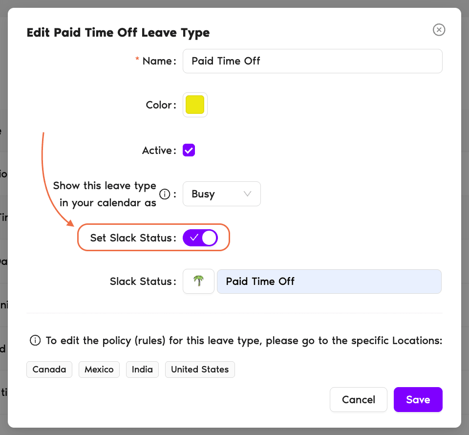 Edit Leave Type modal with Set Slack Status toggle ON, Slack Status row underneath showing the icon picker button and the