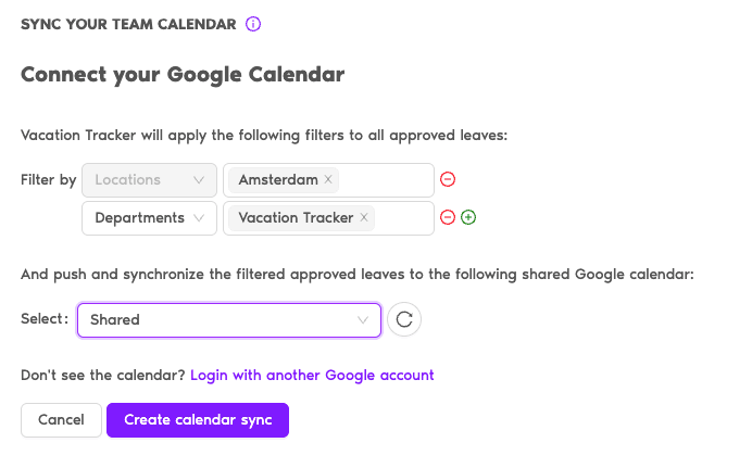 Sync Your Team Calendar page with Connect Calendar button, Filter by chips at the top-right, and a table of existing connections (columns: Type, Locations, Departments, Labels, Created by, Name)