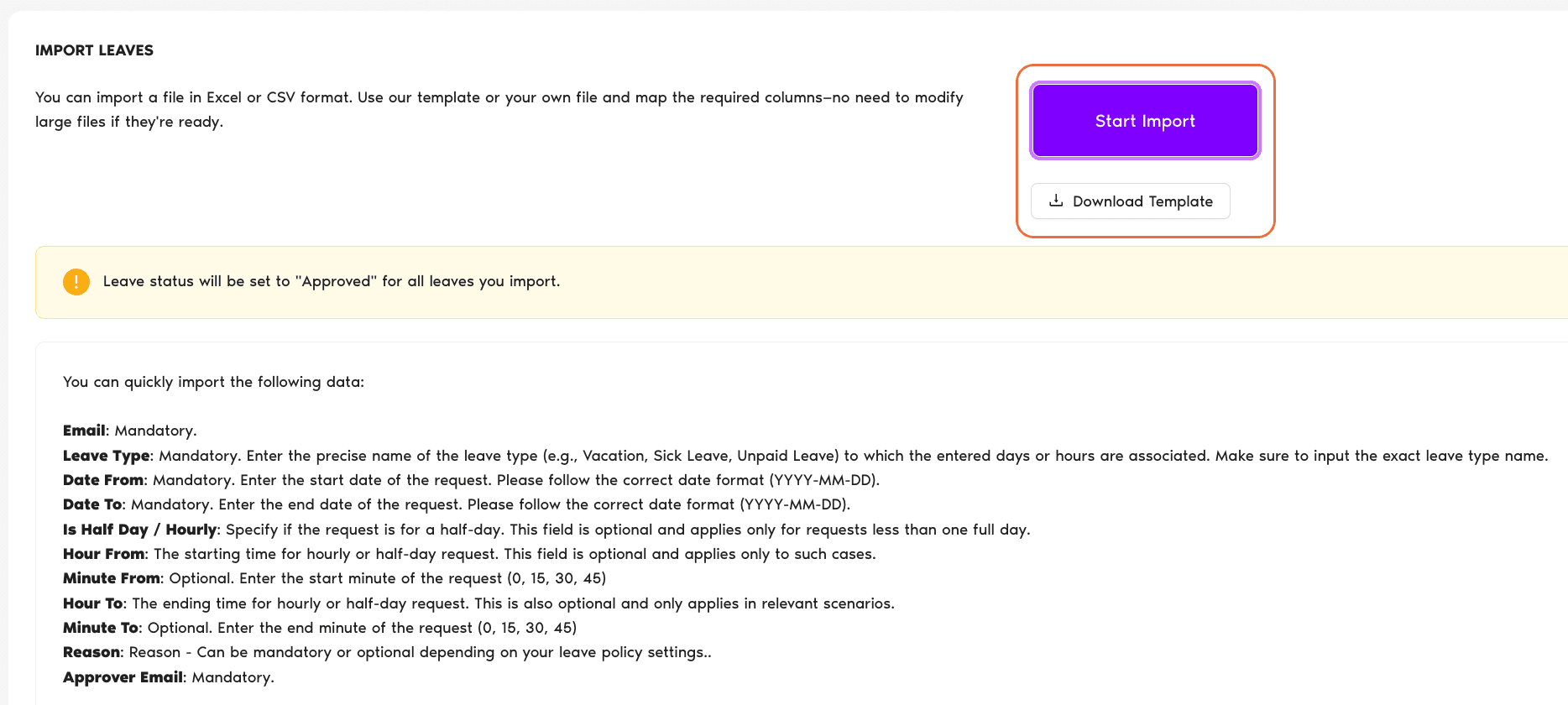 Leaves import page showing the Download Template button and Start Import button, with the 