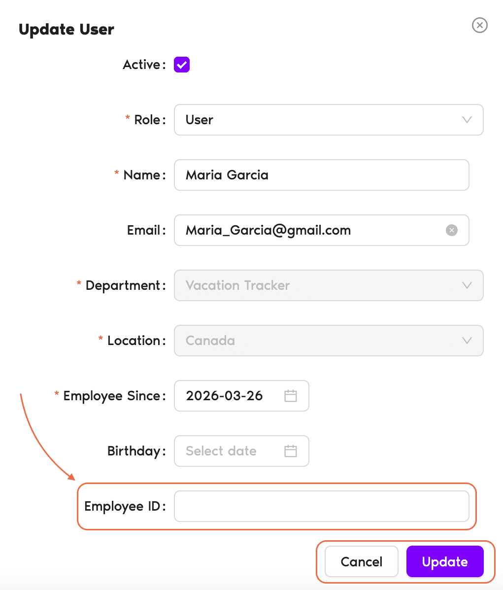 User profile Edit pop-up showing the Employee ID field and the Update button