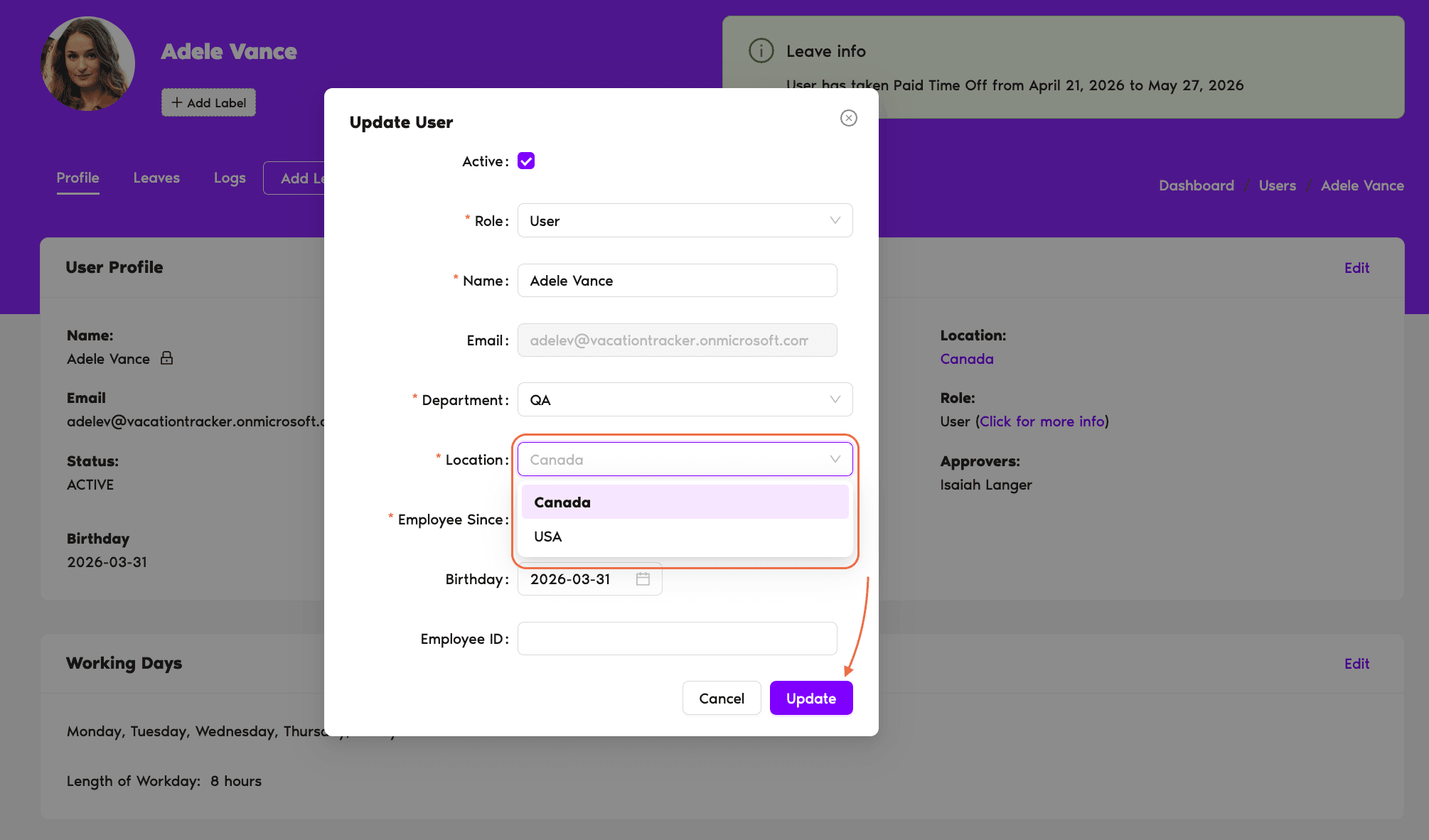 User Profile Edit modal with the Location dropdown highlighted