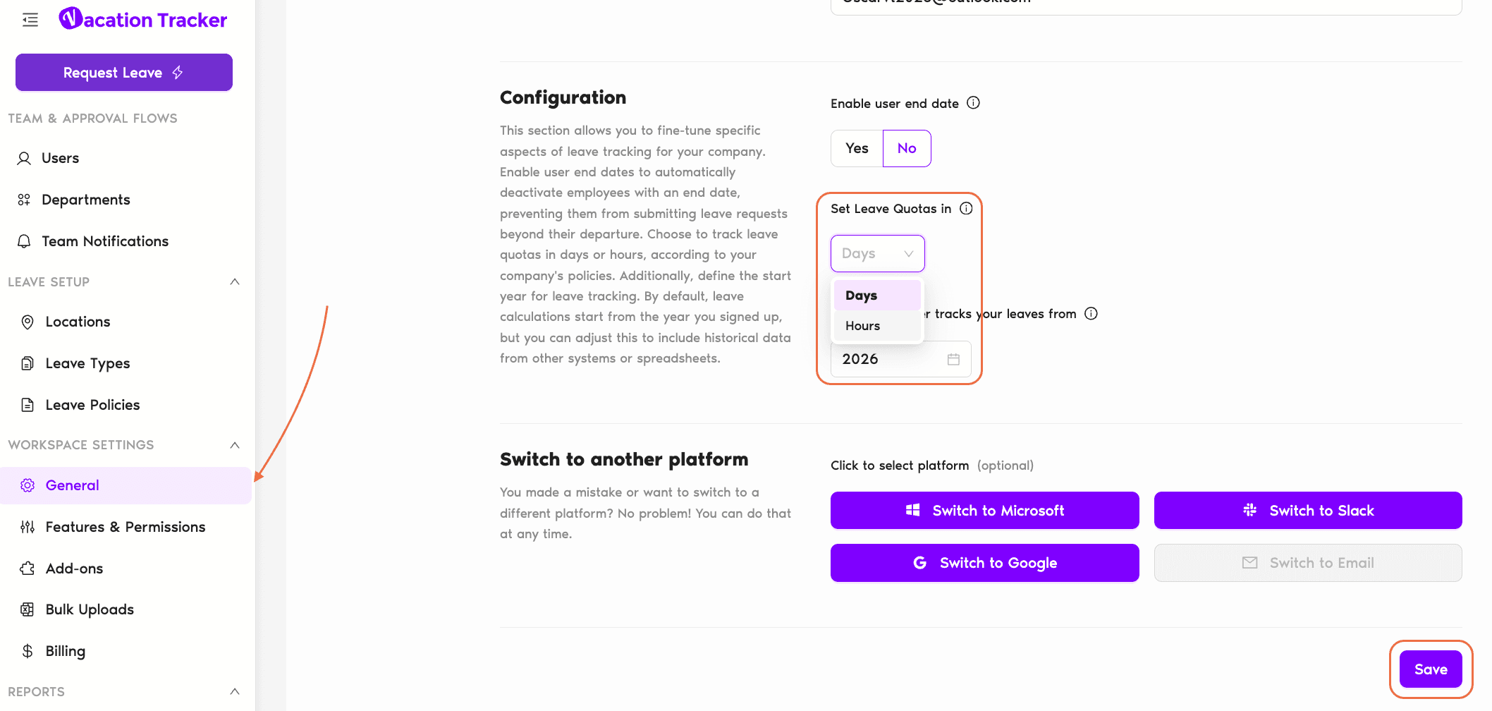 Workspace Settings → General → Configuration section showing the