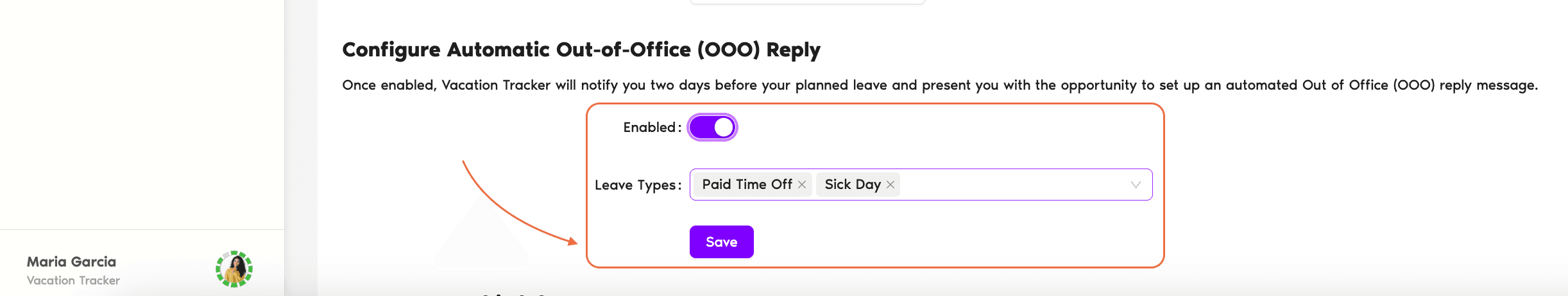 Account Settings → Personal Settings page with the Configure Automatic Out-of-Office (OOO) Reply toggle and the Save button