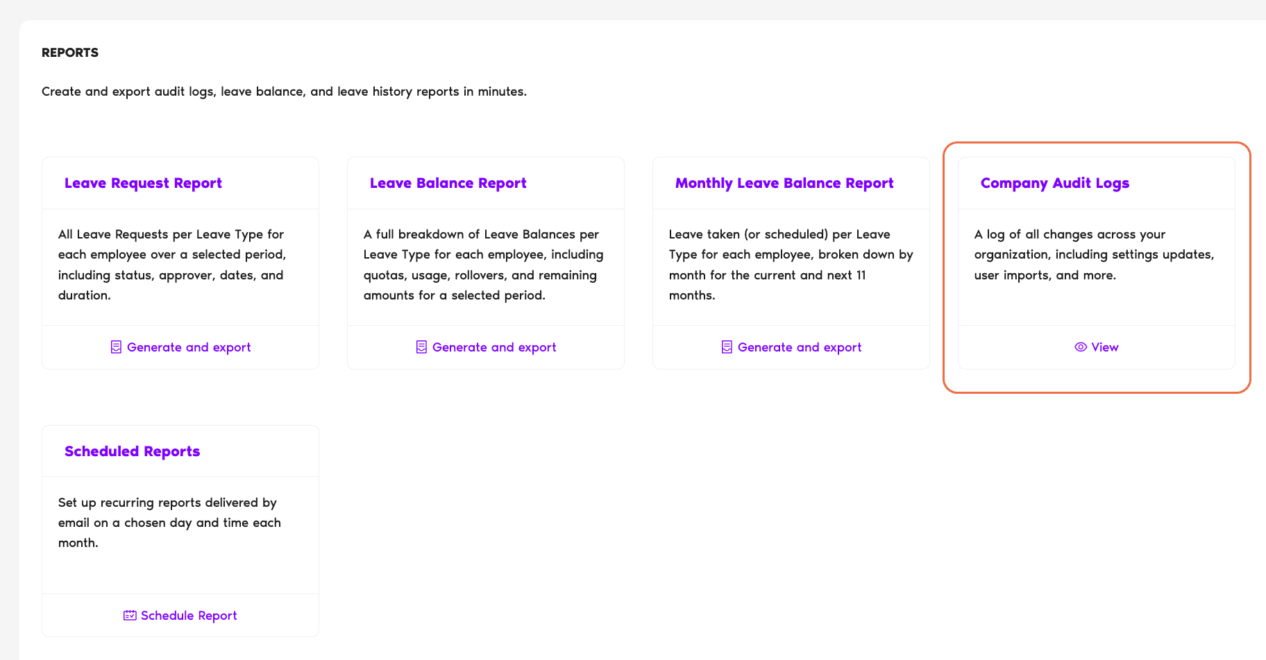 Reports page showing four report cards (Leave Request Report, Leave Balance Report, Monthly Leave Balance Report, Company Audit Logs) plus Scheduled Reports