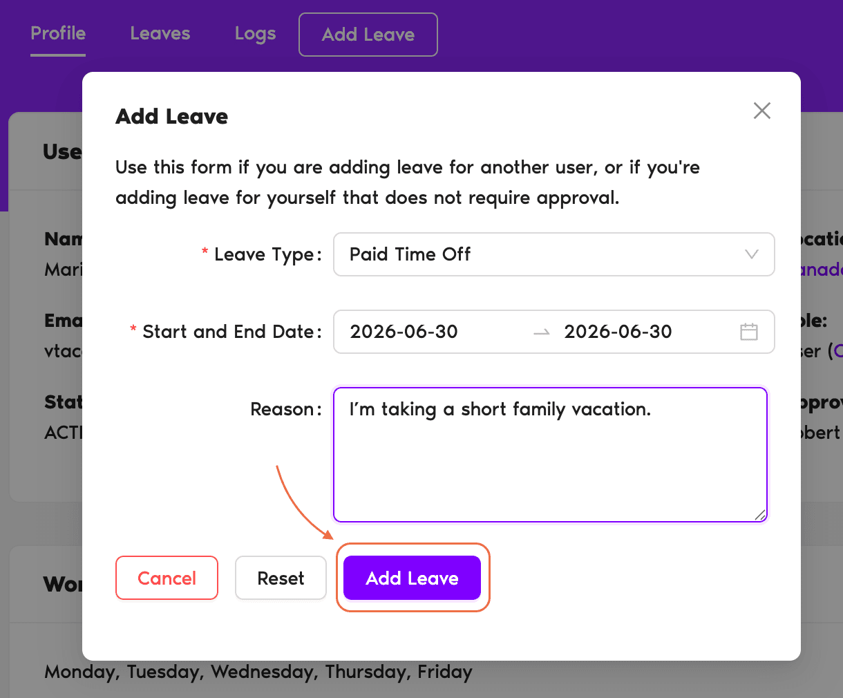 User profile with the Add Leave modal open showing Leave Type dropdown, Start Date and End Date pickers, half-day/hourly options, and Reason field