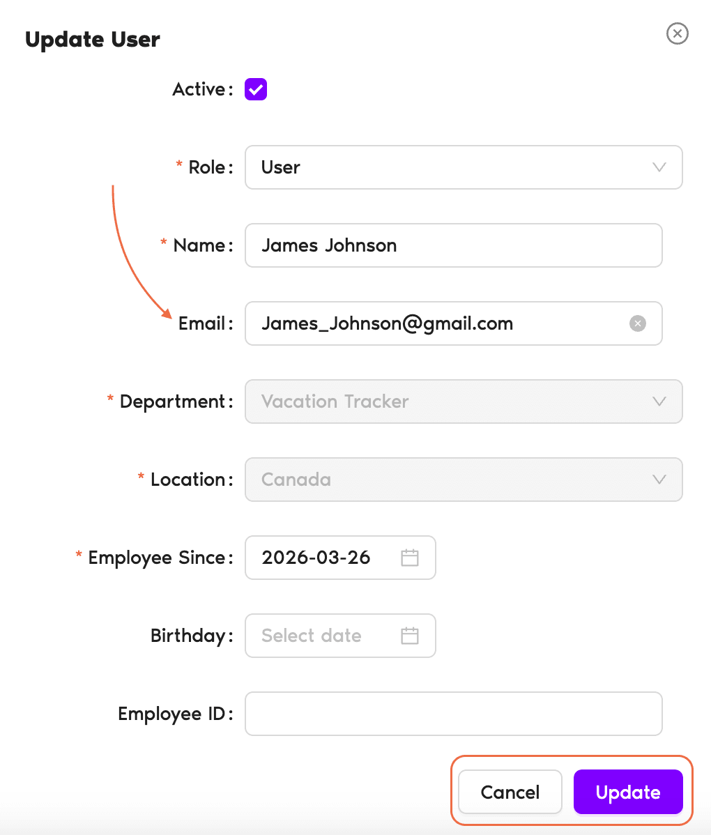 Update User pop-up on the user profile showing the Email field and the Update button