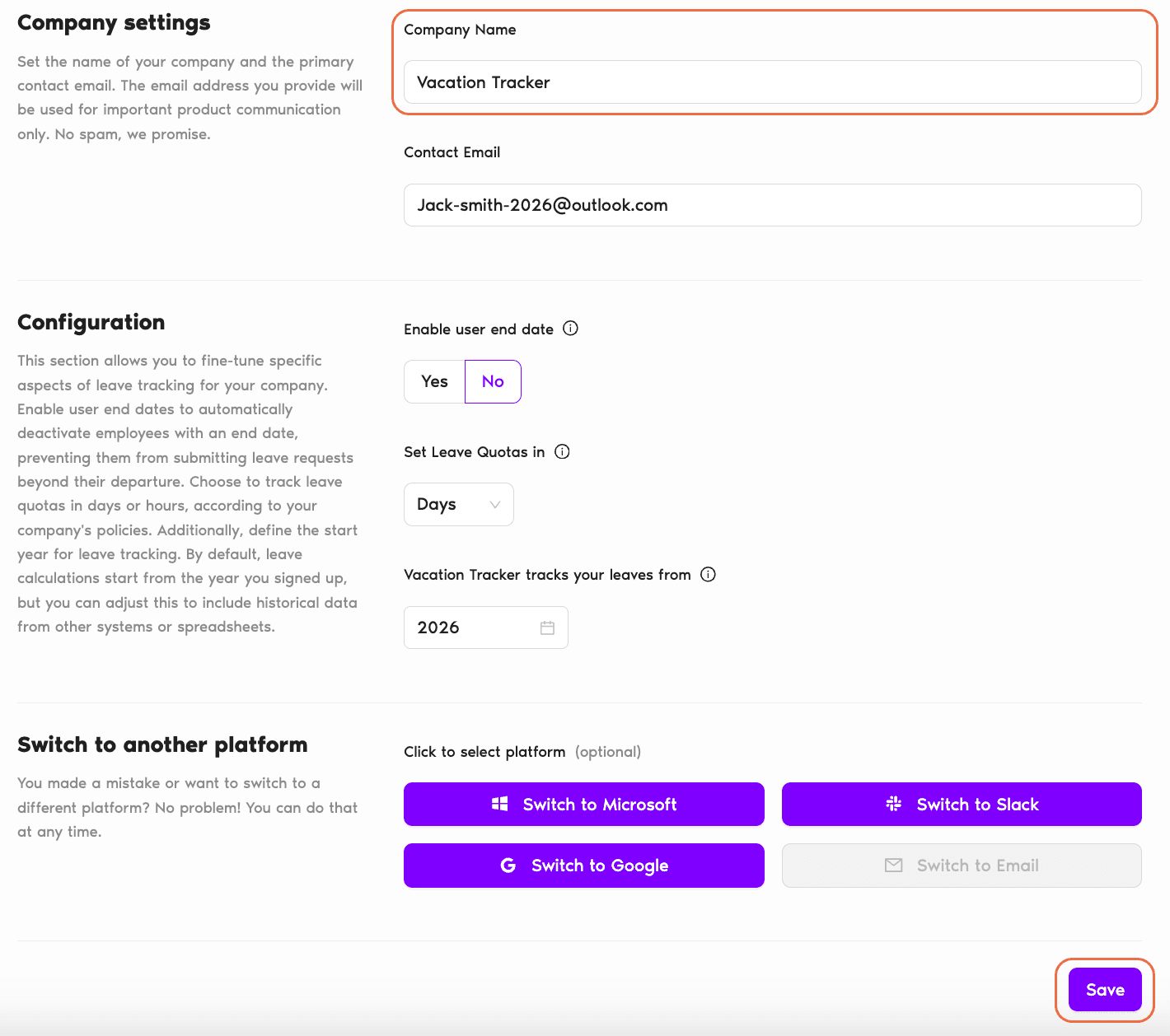 Workspace Settings → General page with the Company settings section at the top showing the Company Name field and the Save button at the bottom of the page