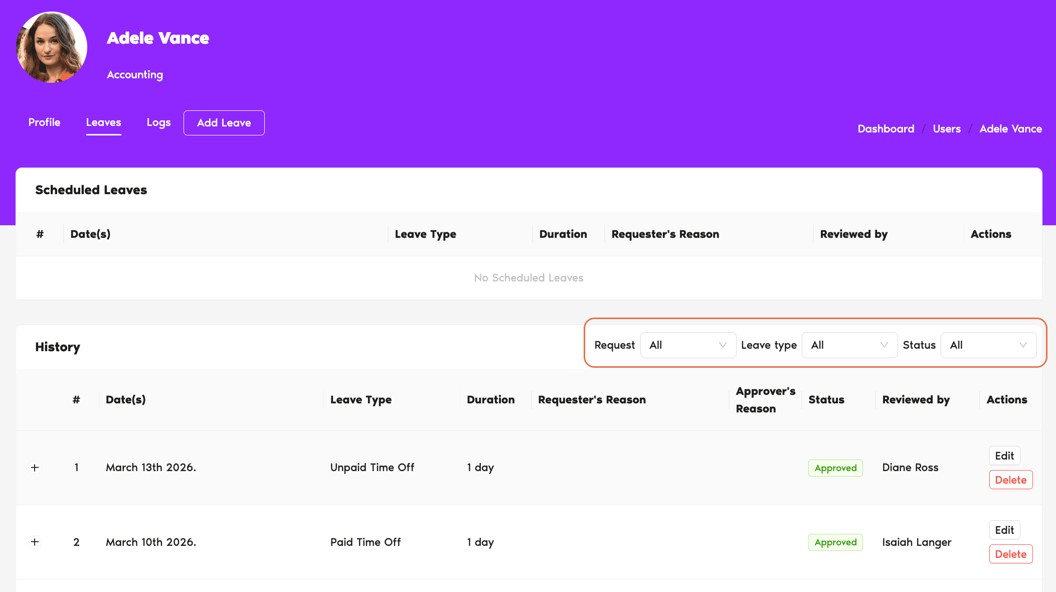 User profile Leaves tab with the Scheduled Leaves list at the top and History list below, plus the Status / Request Type / Leave Type filter dropdowns at the top