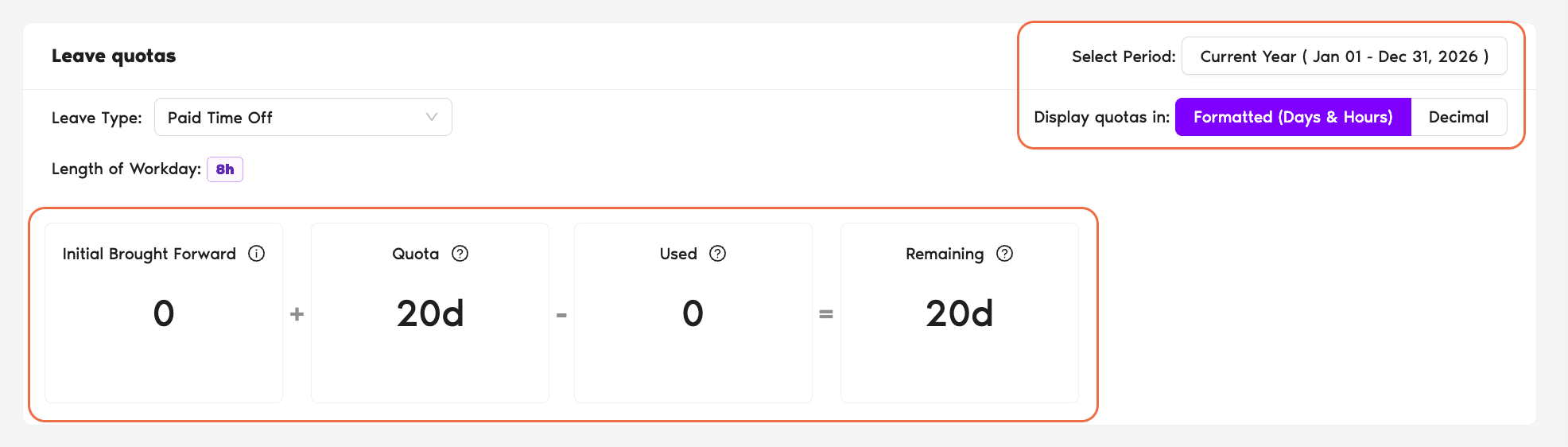 My Profile page Leave Quotas box showing Select Period dropdown, Leave Type dropdown, Formatted/Decimal toggle, Length of Workday badge, and the four boxes Brought Forward + Quota − Used = Remaining