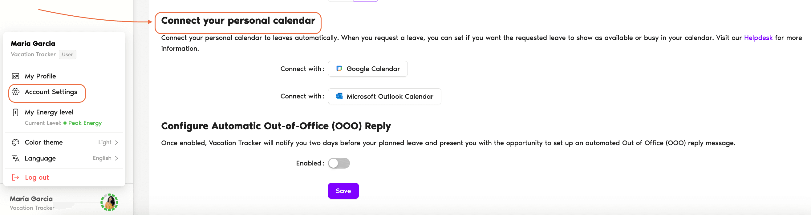 Account Settings page with the Connect your personal calendar section showing the Google Calendar and Microsoft Outlook Calendar buttons