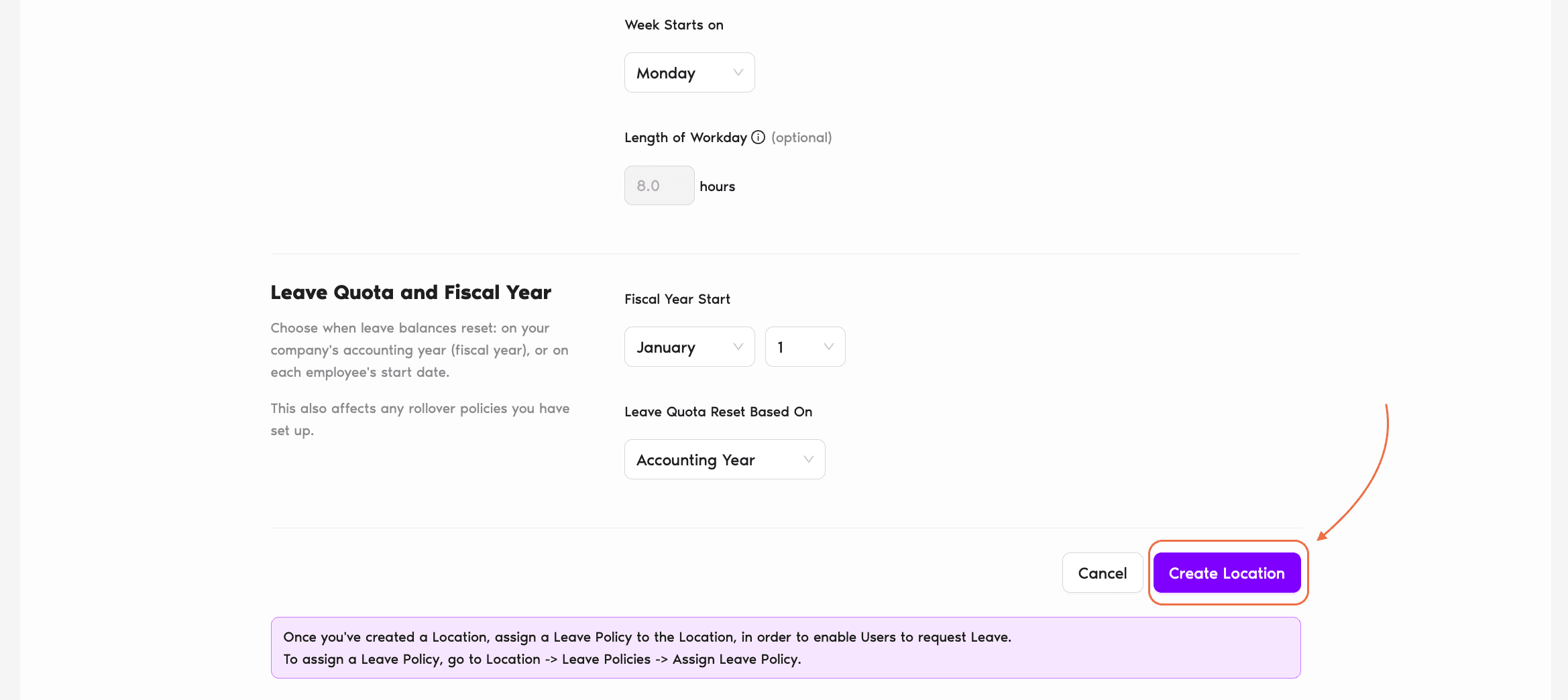 Create Location form showing the Location Settings, Default Location, Workweek and Workday, and Leave Quota and Fiscal Year sections