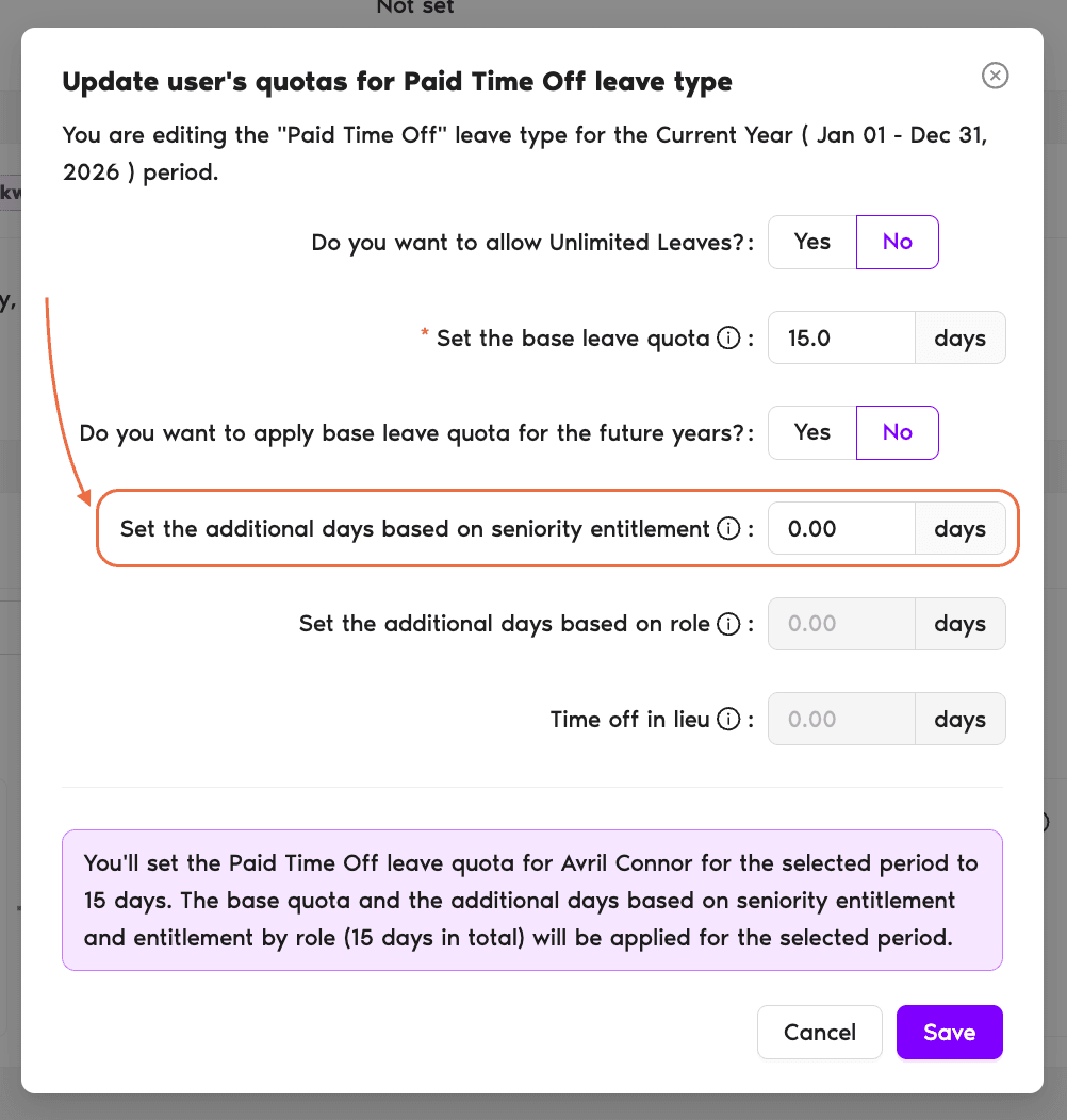 User profile Leave Quotas pop-up showing the 