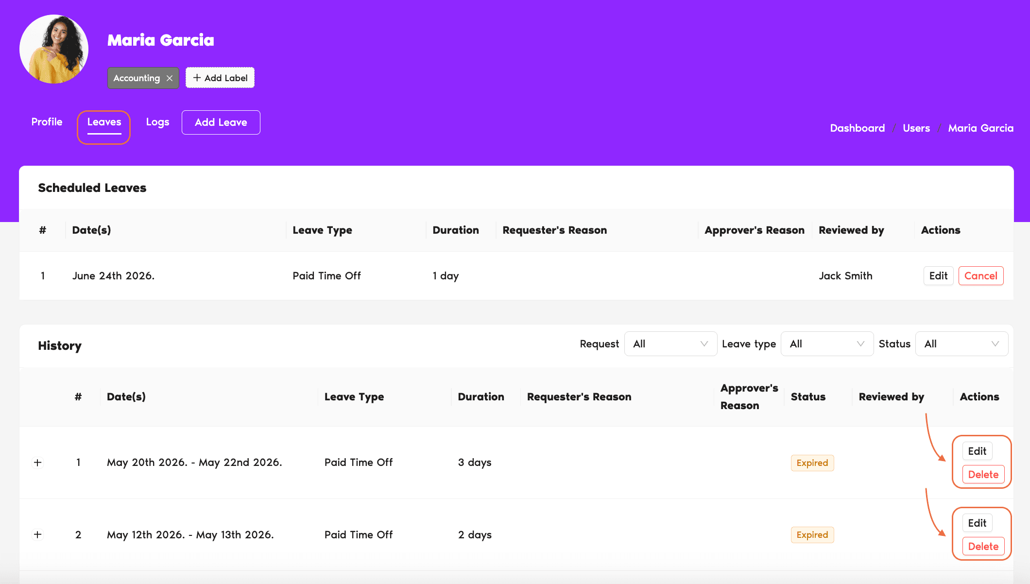 User profile Leaves tab showing the Scheduled Leaves and History lists with a Delete button next to each entry