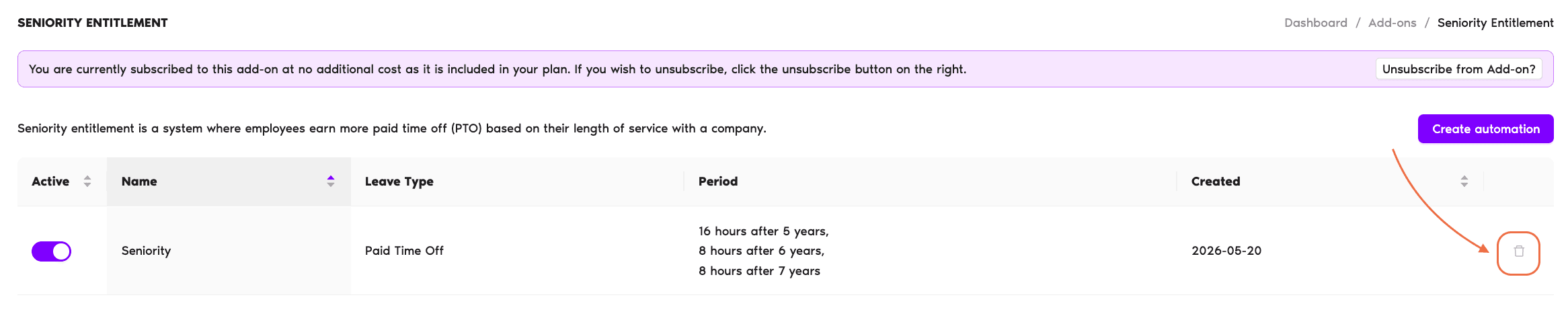 Seniority Entitlement add-on policy list showing the Active, Name, Leave Type, Period, and Created columns with the bin (delete) icon at the right end of each row