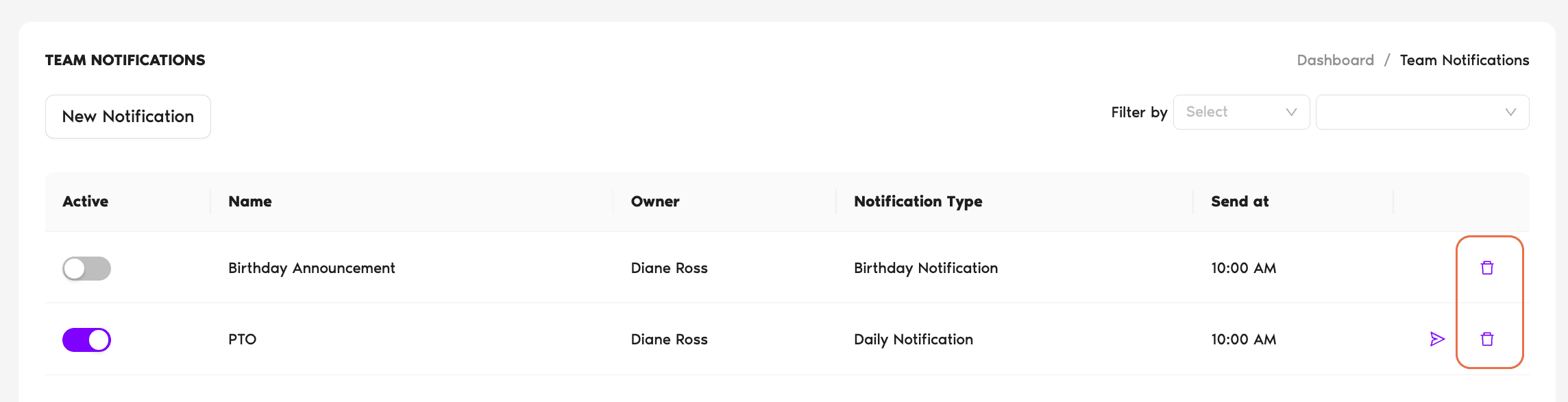 Team Notifications page with the trash icon at the right end of a notification row highlighted for deletion