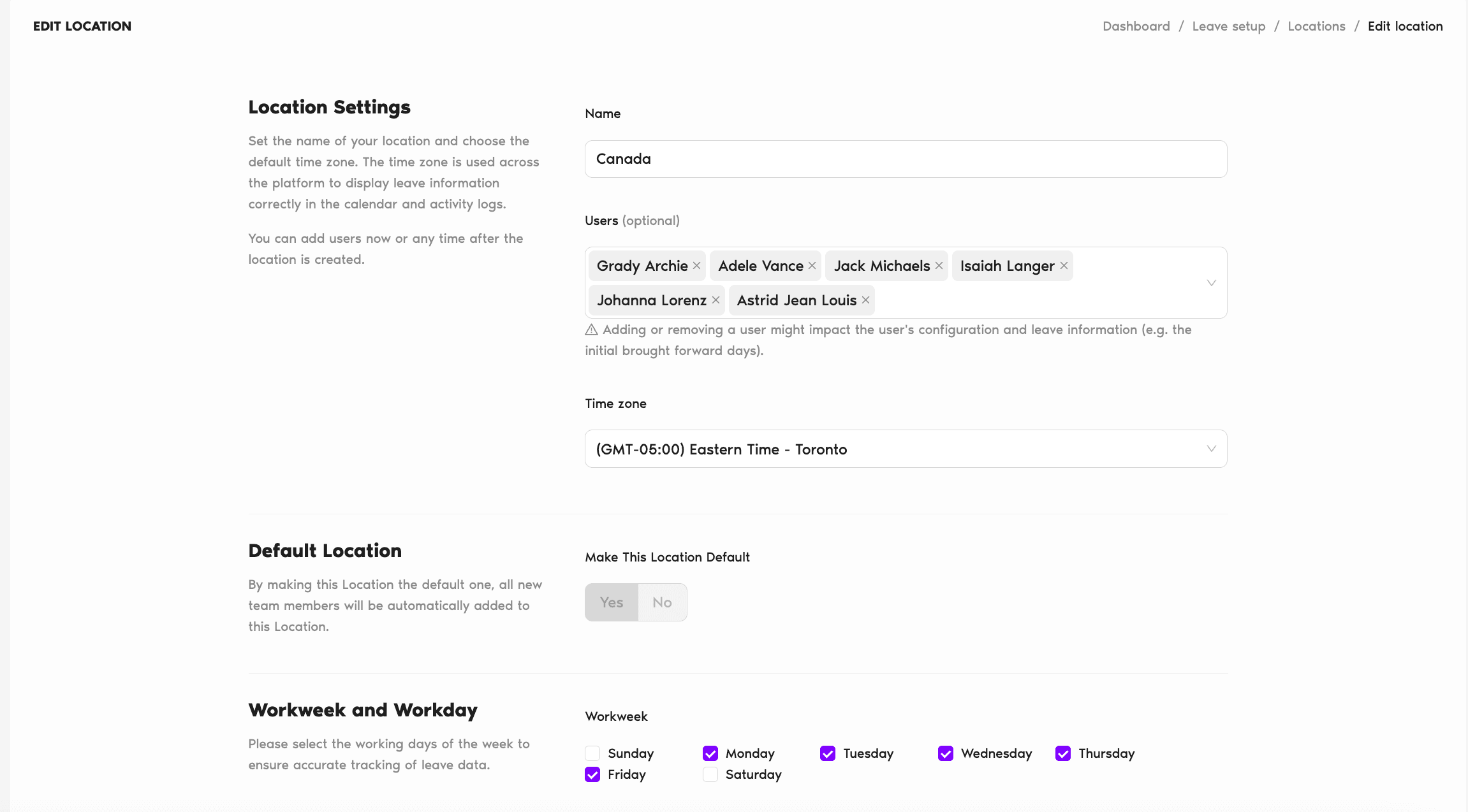 Edit Location page with the fields and Update Location button visible