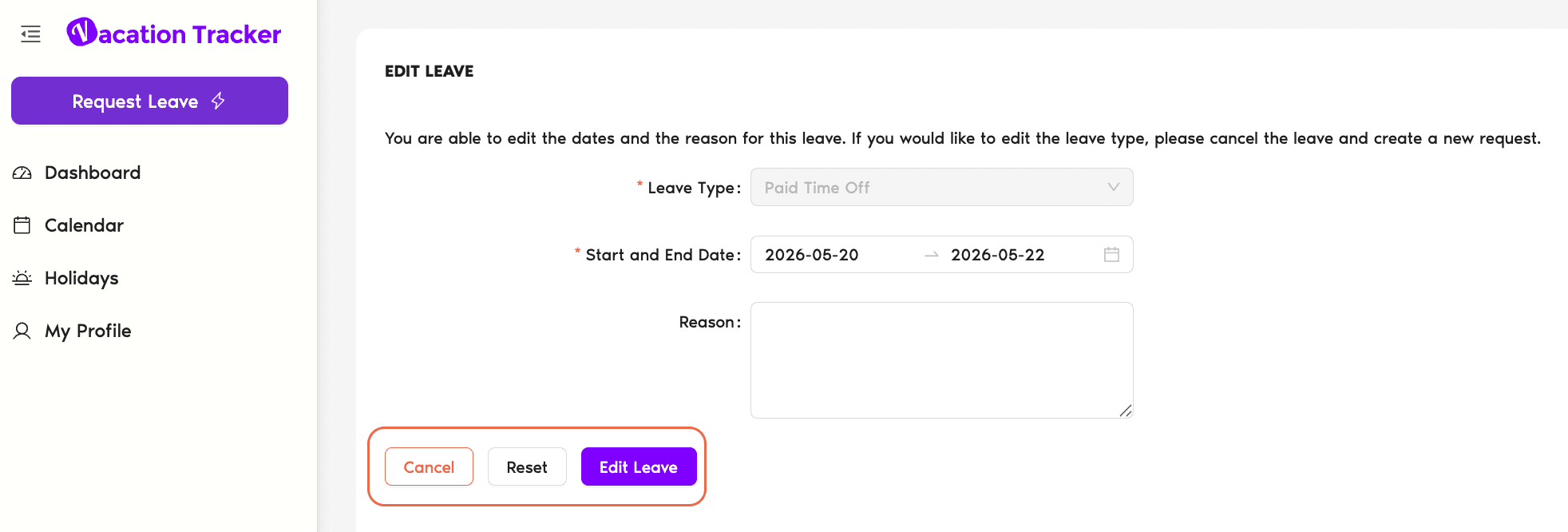 Dashboard with a leave card showing the Edit button, and the Edit Leave modal that opens with Dates, Hours, and Reason fields editable (Leave Type read-only)