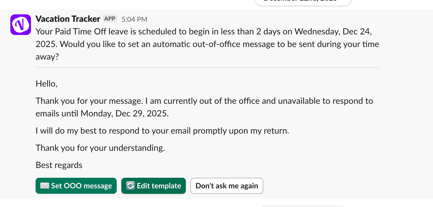 OOO template editor on the dashboard showing the pre-created message and the Set OOO Message button