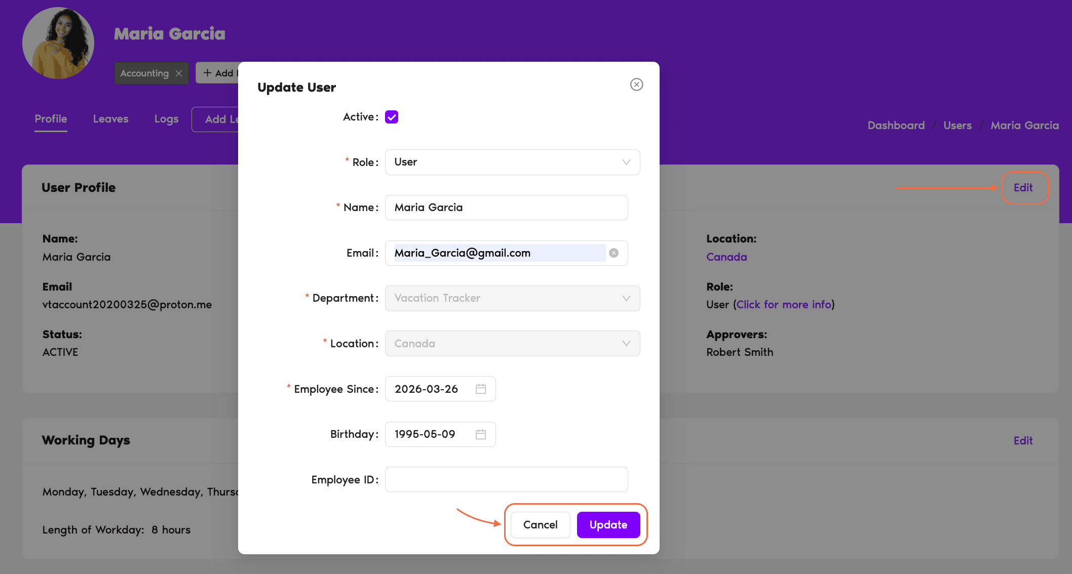 User profile Edit pop-up showing the Role, Name, Department, Location, Employee Since, and Employee ID fields with the Update button