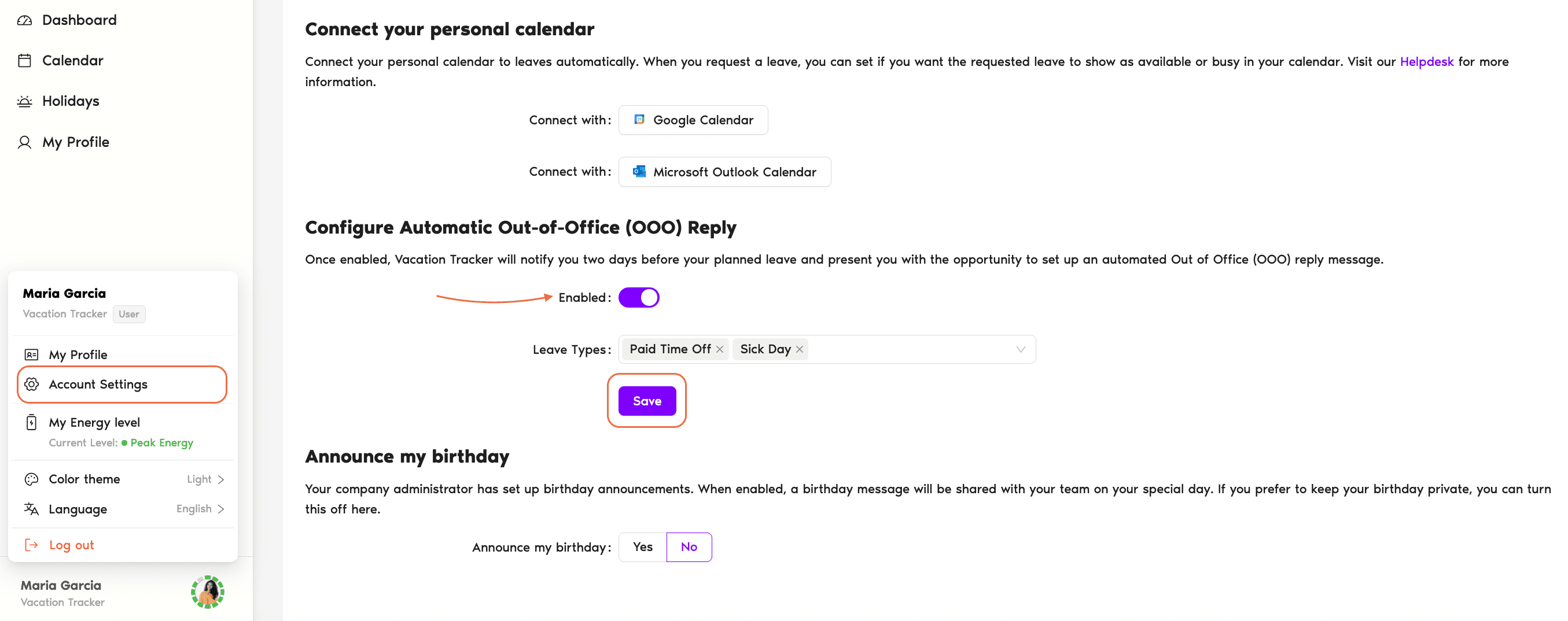 Account Settings → Configure Automatic Out-of-Office (OOO) Reply section with the Enabled toggle and the Google / Outlook connect buttons