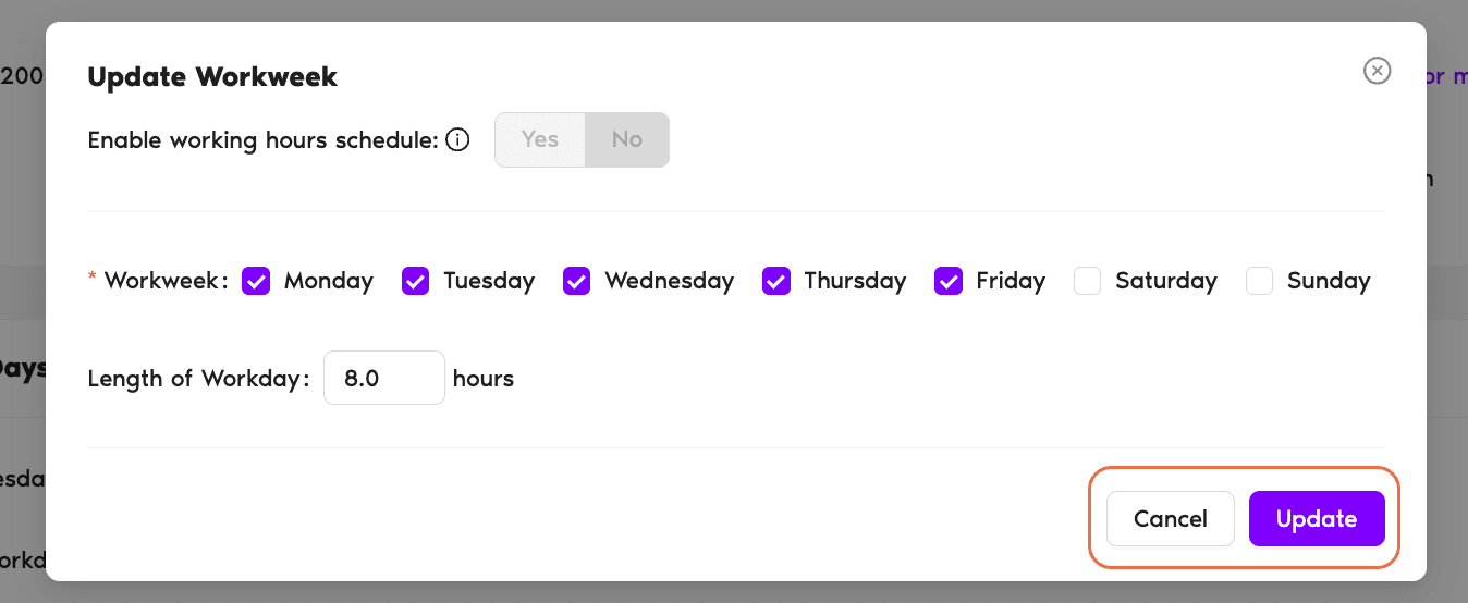 Edit Working Days pop-up on the user profile with the Monday–Sunday day toggles and the Update button