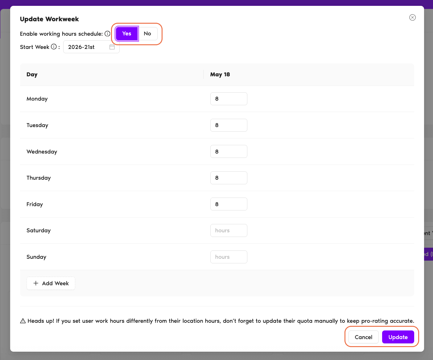 Edit Working Days pop-up with the Enable Working Hours Schedule toggle set to Yes, showing per-day hour fields and the Update button