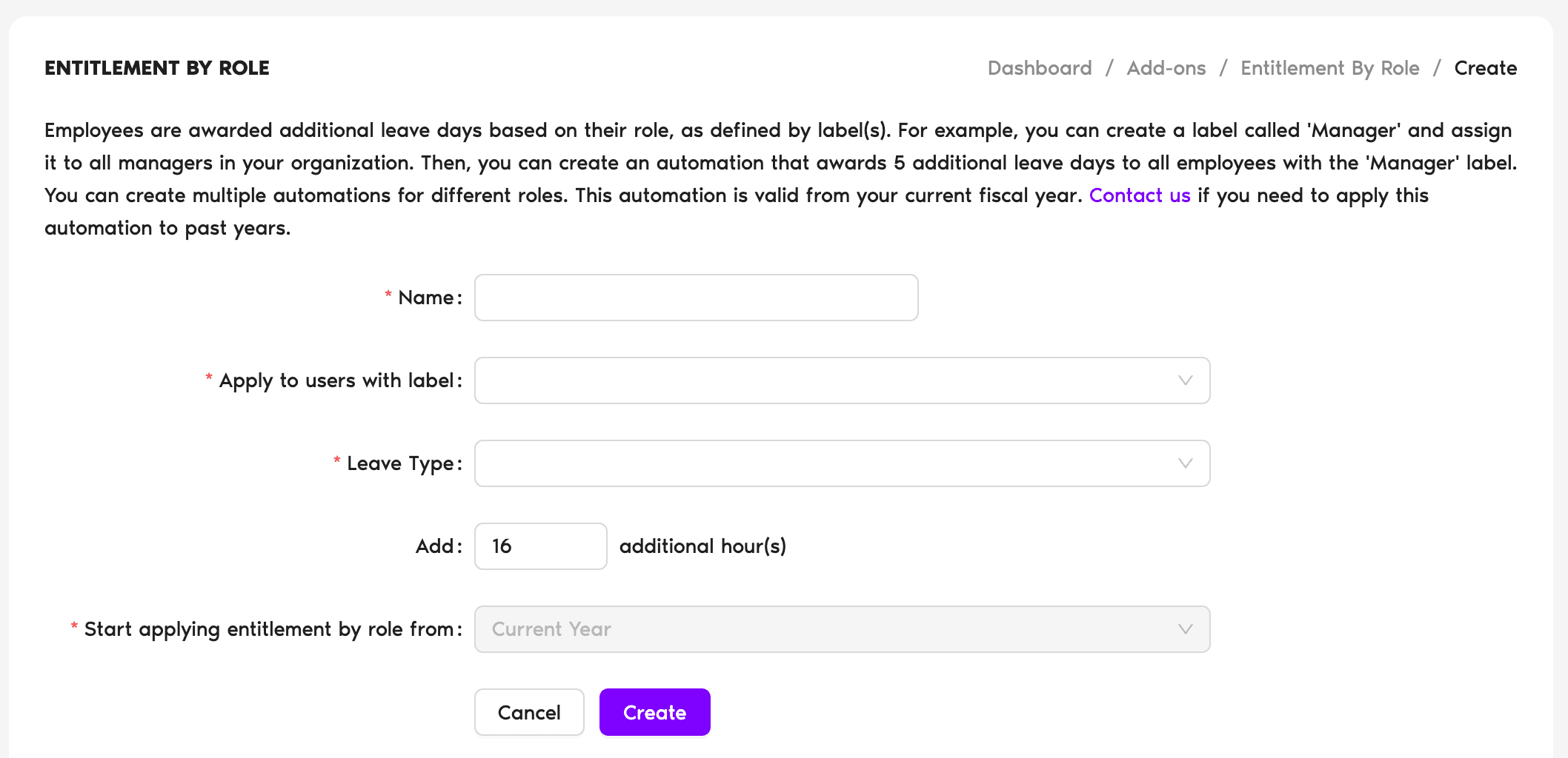 Entitlement By Role add-on automation form showing the Name, 
