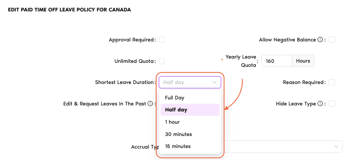 Shortest Leave Duration drop-down expanded, showing Full Day, Half day, 1 hour, 30 minutes, and 15 minutes