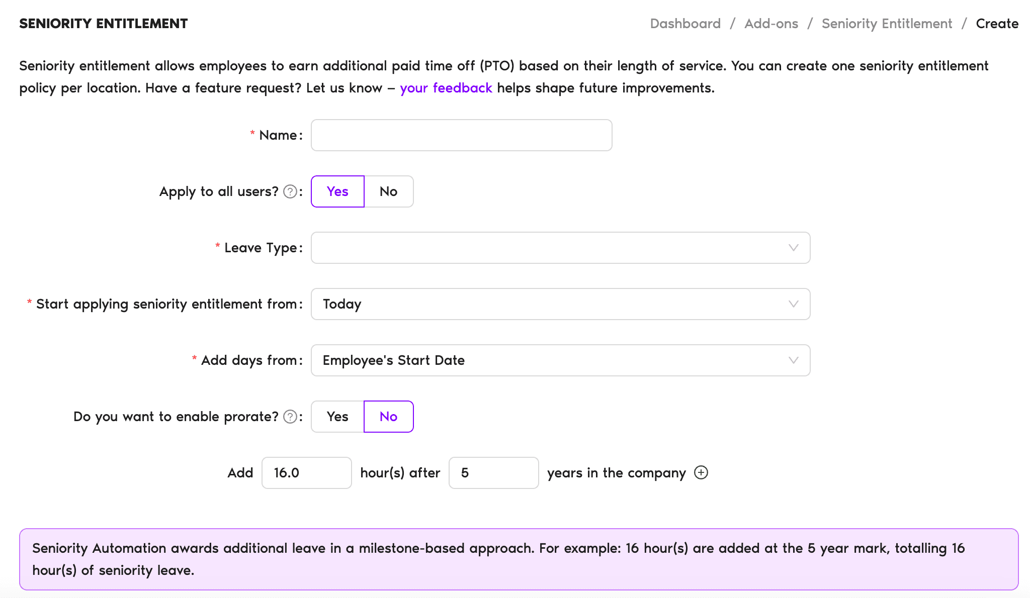 Seniority Entitlement add-on automation form showing the Name, Location selector, Leave Type, 