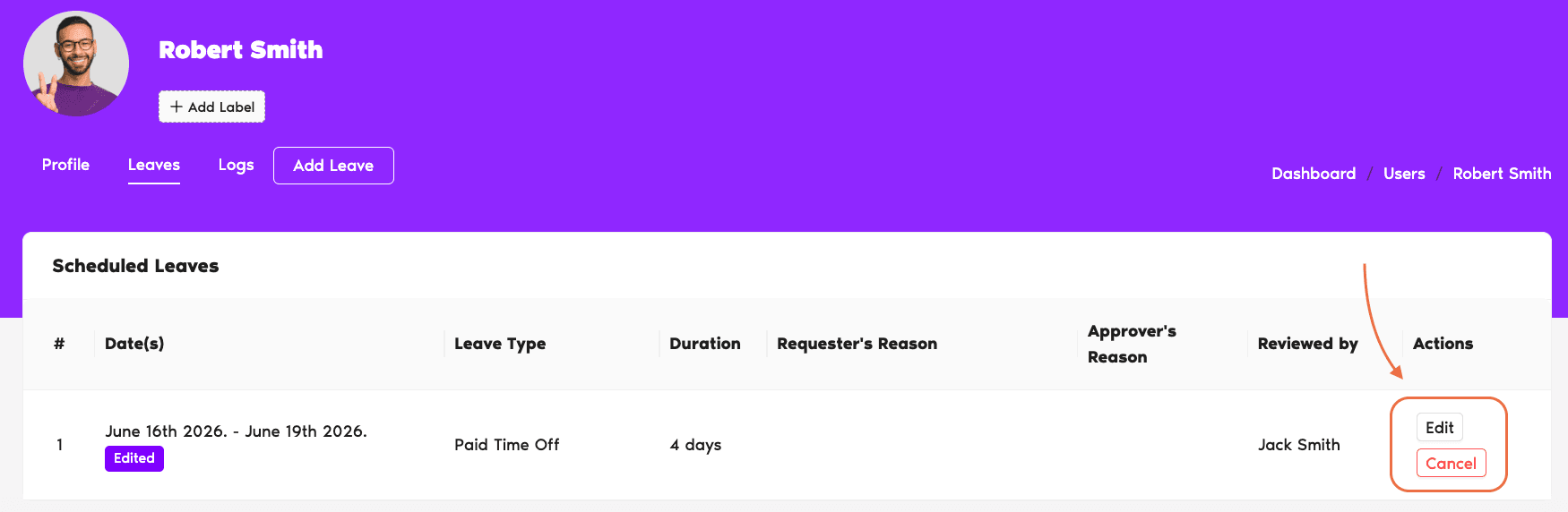 User profile → Leaves tab, with the Scheduled Leaves section and the Edit button on an upcoming leave highlighted