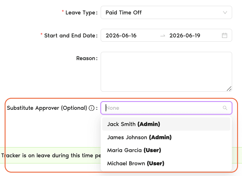 Request Leave form with the Substitute Approver (Optional) dropdown highlighted between the Reason and Show in your calendar as fields