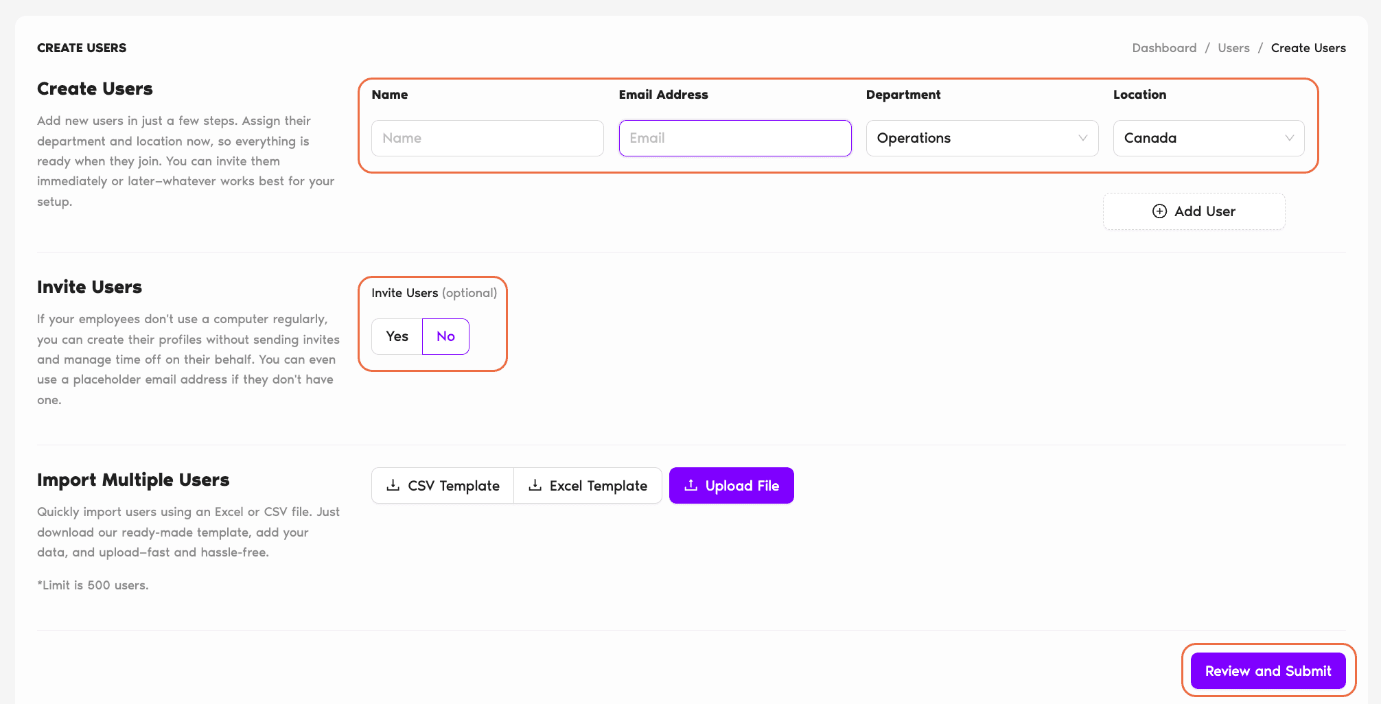 Create Users page showing the Creating a User form, the Inviting a User toggle, and the Import Multiple Users section stacked on a single screen