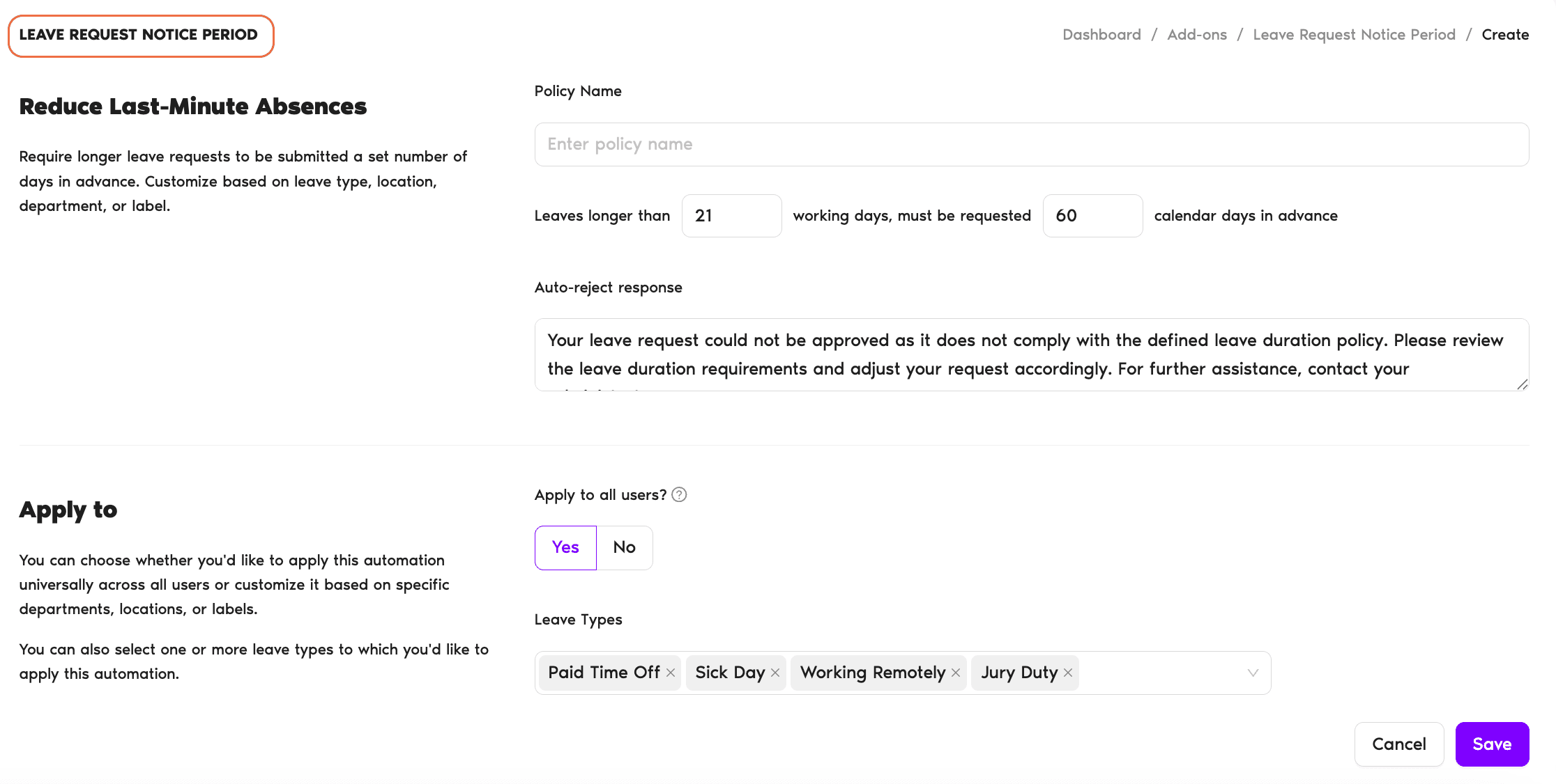 Leave Request Notice Period add-on policy form with the notice-duration rule fields and the Locations / Departments / Leave Types selectors visible