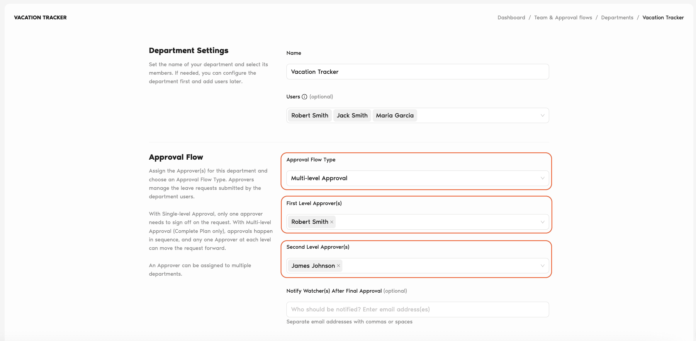 Edit Department form with Approval Flow Type set to Multi-level Approval, showing First Level Approver(s) and Second Level Approver(s) chip fields