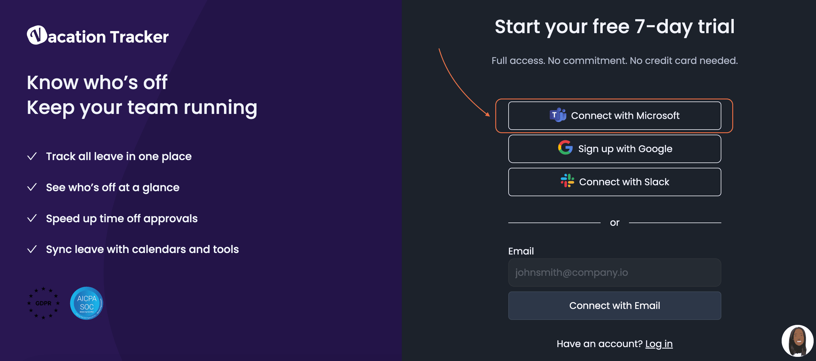 Vacation Tracker signup page at app.vacationtracker.io with the Sign Up with Microsoft button highlighted