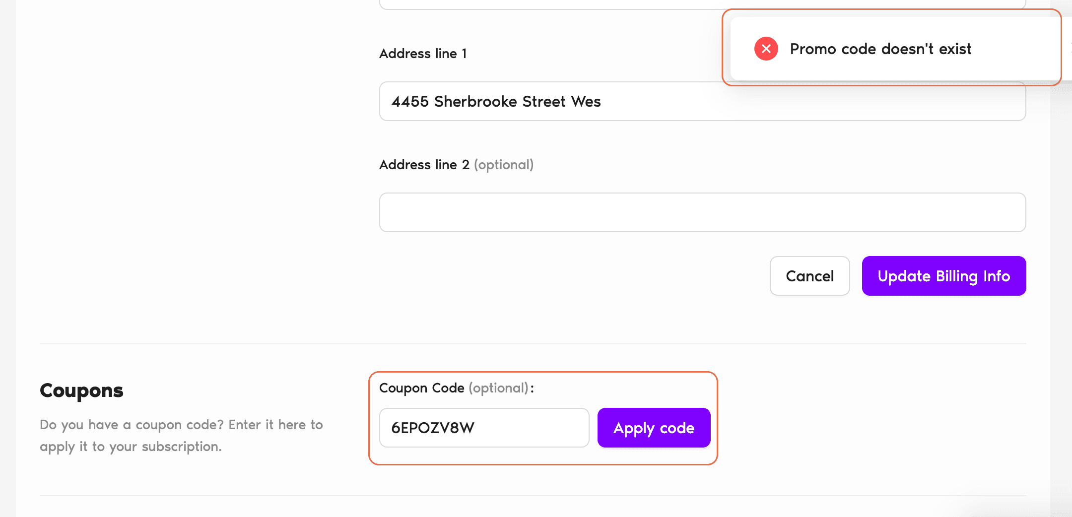 Billing page coupon field showing a rejected discount code with the inline error message highlighted