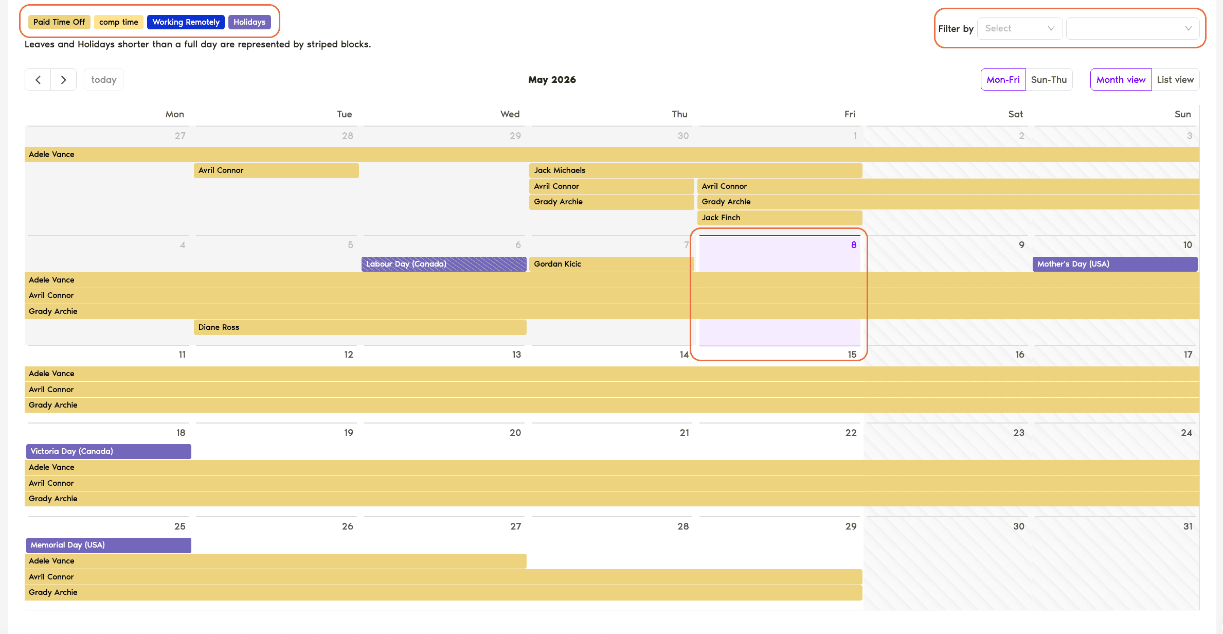Calendar page showing the month grid with leaves and holidays color-coded, view toggles in the top right, and Filter by controls at the top