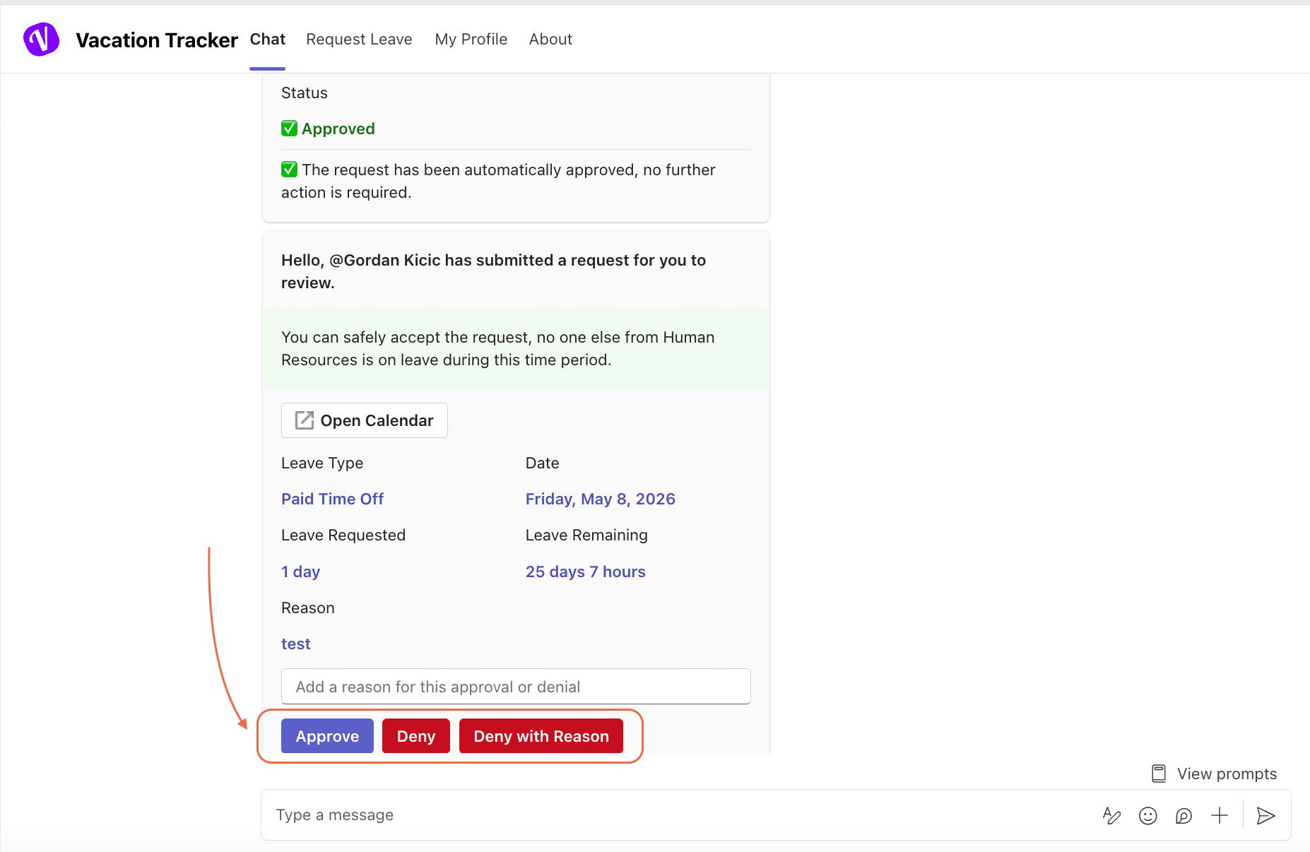 Microsoft Teams reminder card showing the original leave request details with Approve and Deny buttons