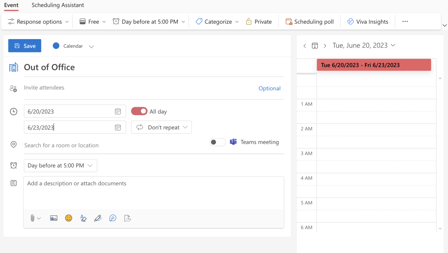 Out of Office in Outlook Calendar