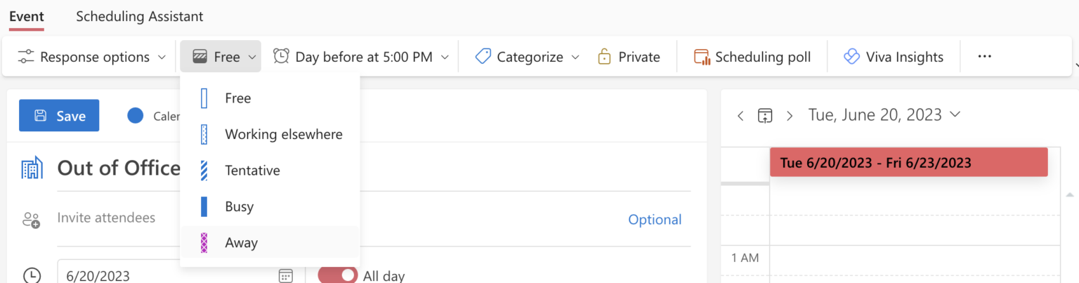 Out of Office in Outlook Calendar